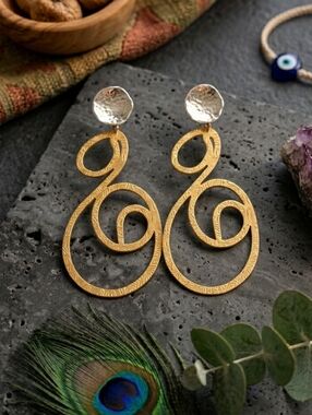 18K Gold Silver Plated Brass Two Tone Spiral Boho Turkish Statement Earrings